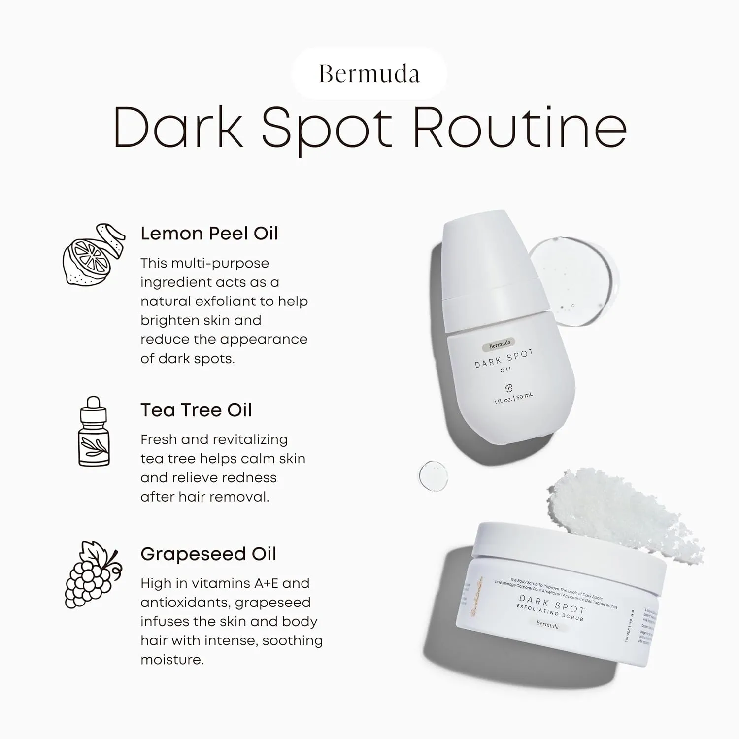 Bushbalm Dark Spots and Ingrown Hair 2 Step Routine - Rejuvenate and Nourish - Ingrown Hair Oil (30 ml) and Exfoliating Scrub (236 ml) - Bermuda