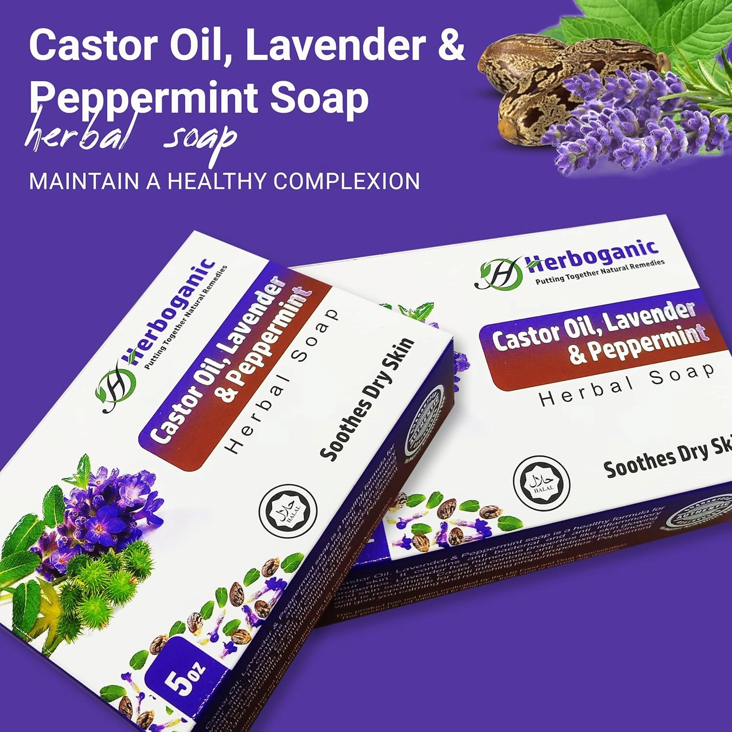 Castor oil, Lavender and Peppermint Herbal Soap | Pack of 3 of 5oz soap Bar | Natural Bar Soap for Face and Body | Hydrating and Nourishing | Suitable for Men and Women