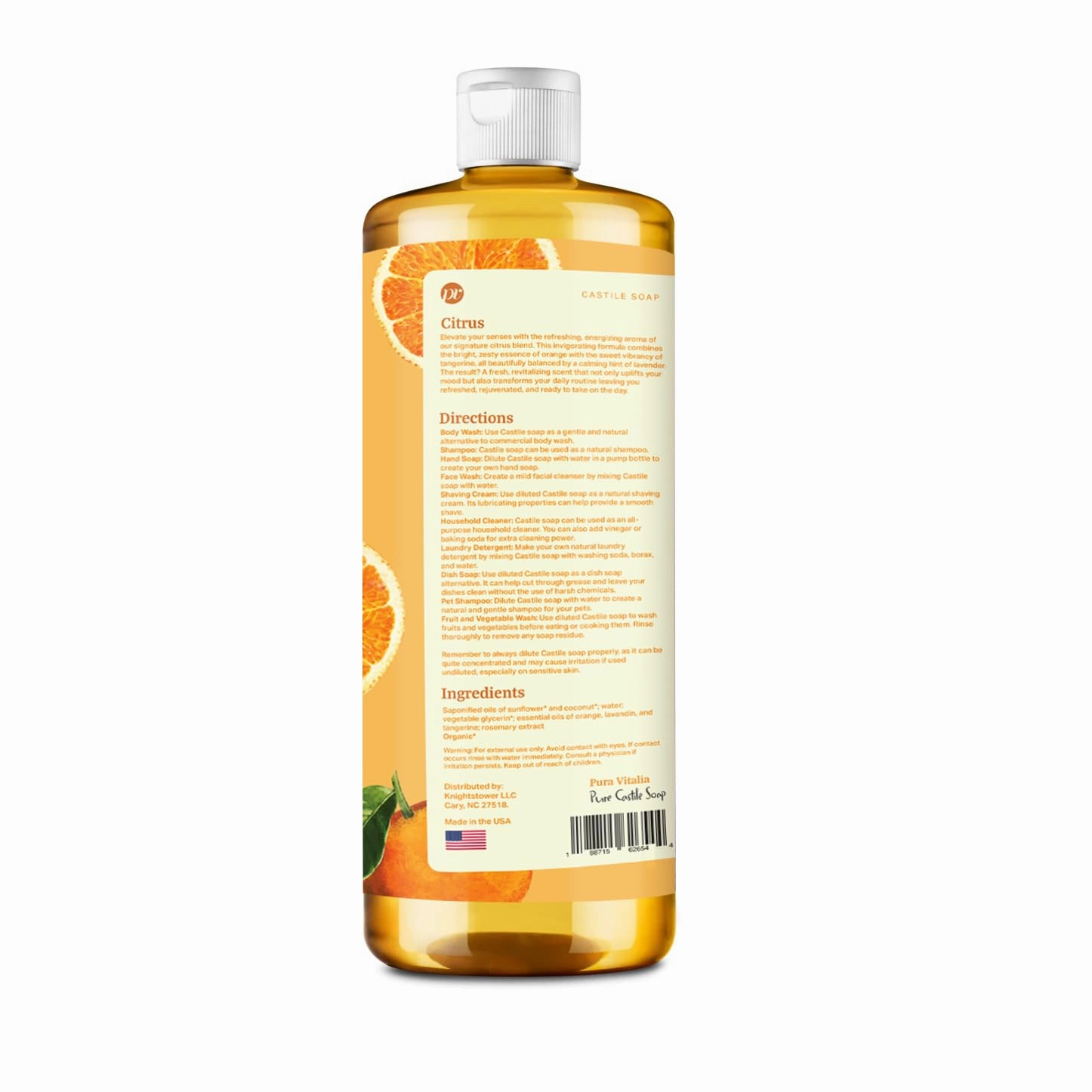 Citrus Pure Castile Soap Liquid with Olive Oil & Essential Oils; for Face Wash, Hand, Body, Laundry, and Beyond, Eco-friendly & fully Biodegradable Organic Castile Soap, 32 fl oz.