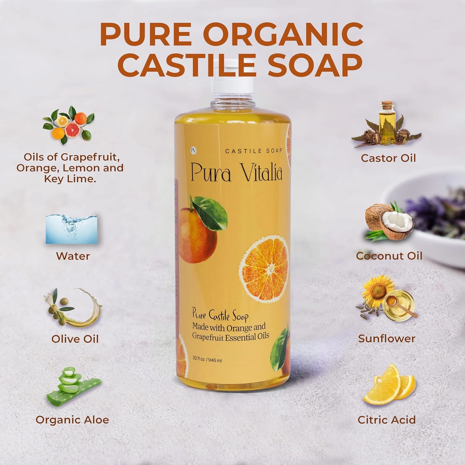 Citrus Pure Castile Soap Liquid with Olive Oil & Essential Oils; for Face Wash, Hand, Body, Laundry, and Beyond, Eco-friendly & fully Biodegradable Organic Castile Soap, 32 fl oz.