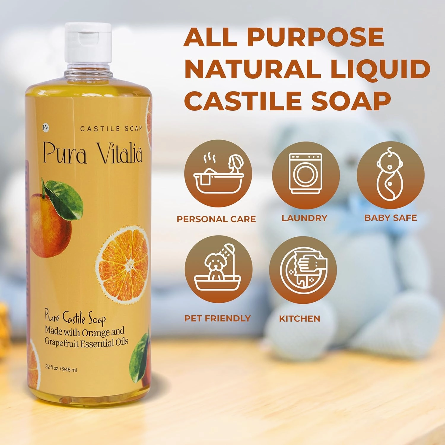 Citrus Pure Castile Soap Liquid with Olive Oil & Essential Oils; for Face Wash, Hand, Body, Laundry, and Beyond, Eco-friendly & fully Biodegradable Organic Castile Soap, 32 fl oz.