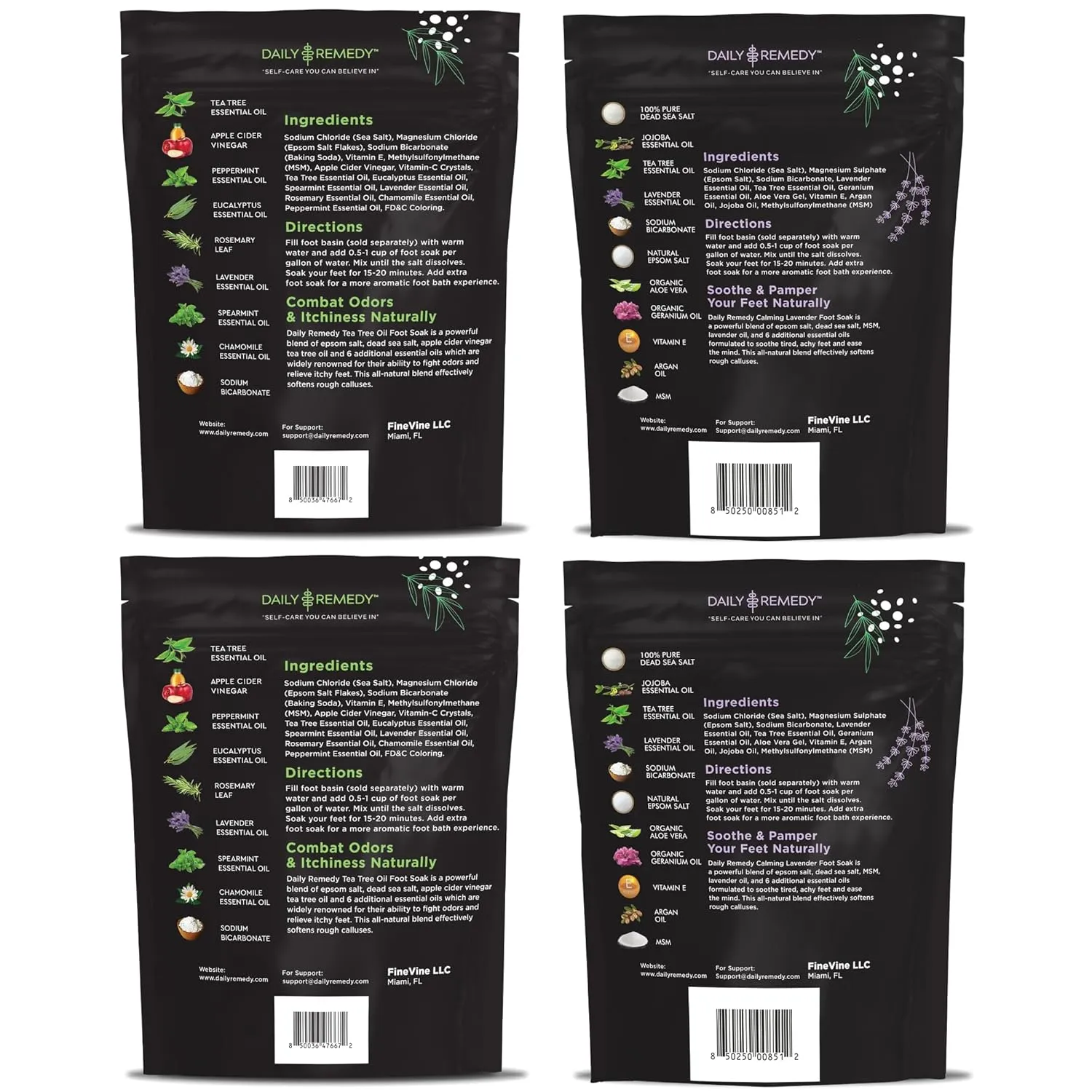DAILY REMEDY 4-Pack - 2 Extra Strength Tea Tree Oil & 2 Calming Lavender Foot Soak Set - Made in USA - Soothes Sore Tired Feet, Athletes Foot, and Softens Calluses - 64 oz