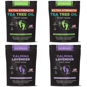DAILY REMEDY 4-Pack - 2 Extra Strength Tea Tree Oil & 2 Calming Lavender Foot Soak Set - Made in USA - Soothes Sore Tired Feet, Athletes Foot, and Softens Calluses - 64 oz