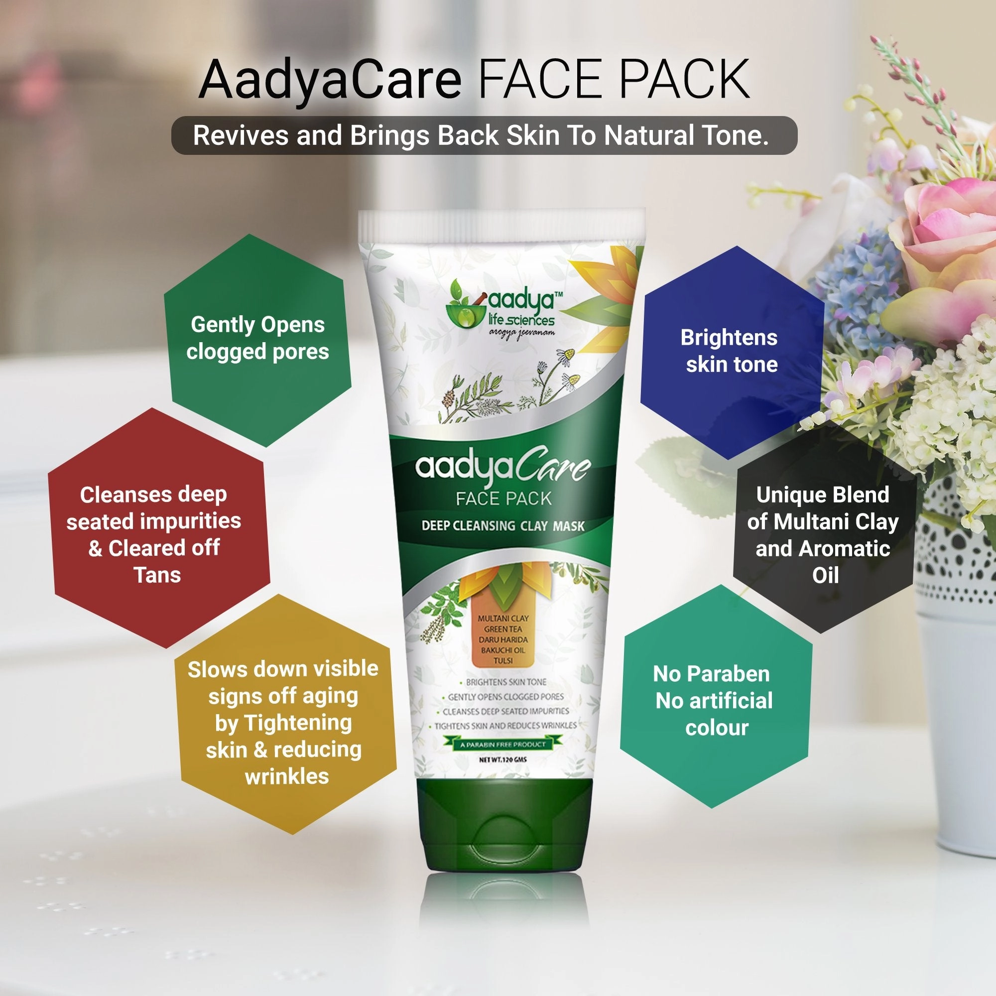 Deep cleansing multani mud based clay mask that Revives and brings back skin to natural tone.