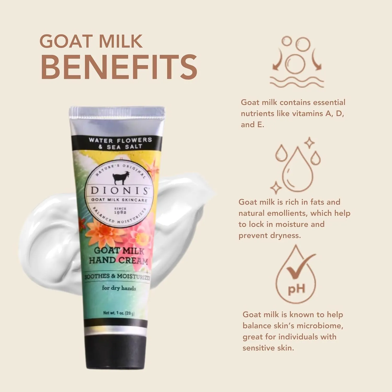Dionis Goat Milk Skin Care Water Flowers & Sea Salt Scented Hand Cream Set - Cruelty Free Travel Size Hand Lotion For Hydrating & Moisturizing Dry Skin - Paraben Free, Made In The USA, 1 oz Set of 4