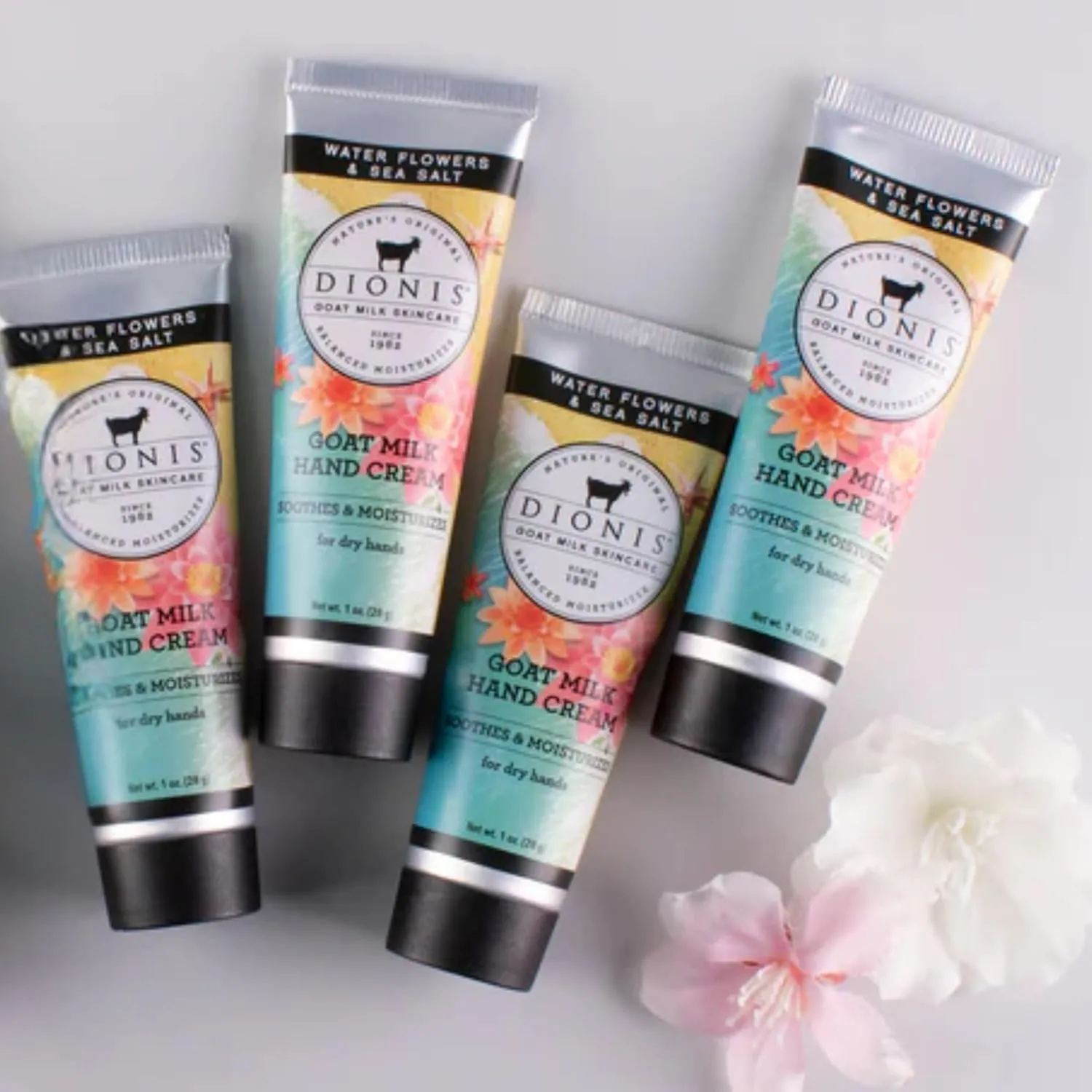 Dionis Goat Milk Skin Care Water Flowers & Sea Salt Scented Hand Cream Set - Cruelty Free Travel Size Hand Lotion For Hydrating & Moisturizing Dry Skin - Paraben Free, Made In The USA, 1 oz Set of 4
