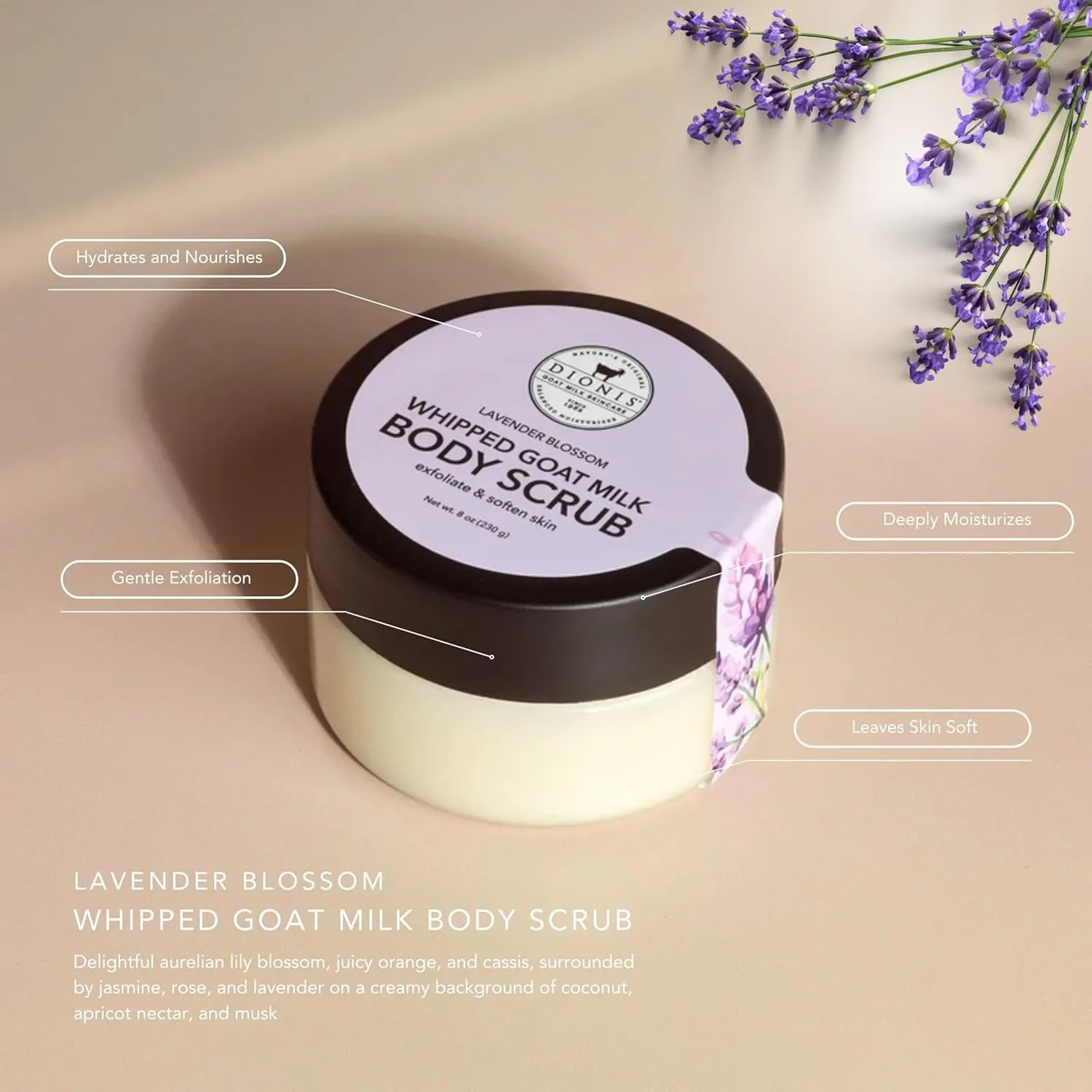Dionis - Goat Milk Skincare Scented Whipped Body Scrubs - Intensely Hydrating Exfoliating Wash for Softer, Smoother Skin, Made in the USA - Cruelty Free and Paraben Free, Lavender Blossom, 8oz
