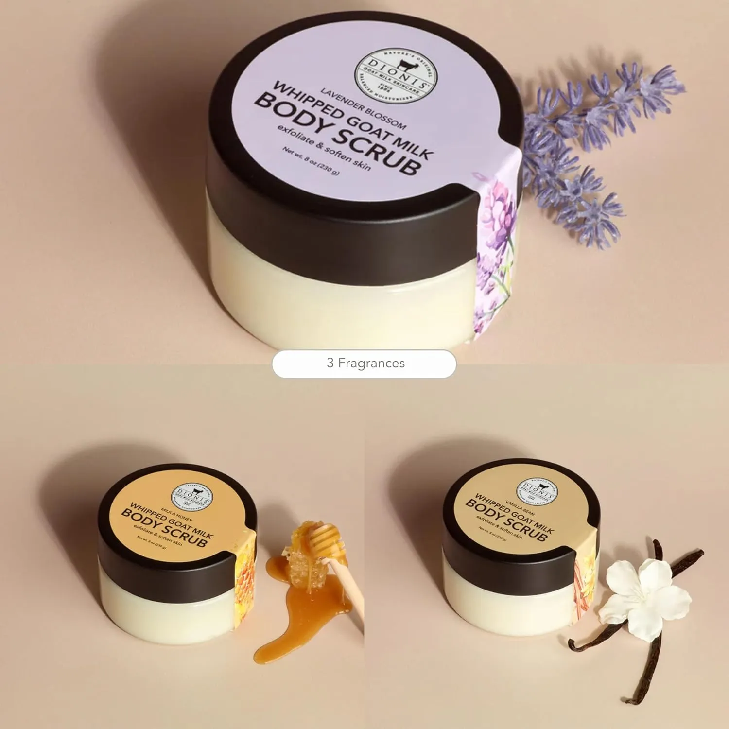 Dionis - Goat Milk Skincare Scented Whipped Body Scrubs - Intensely Hydrating Exfoliating Wash for Softer, Smoother Skin, Made in the USA - Cruelty Free and Paraben Free, Lavender Blossom, 8oz