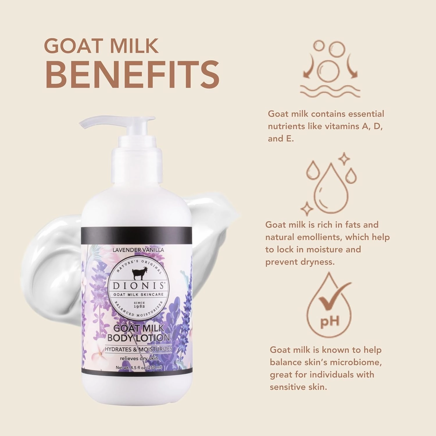 Dionis - Goat Milk Skincare Scented Lotion (8.5 oz) - Moisturize Dry Skin, Great For All Skin Types, Made in the USA - Cruelty-free and Paraben-free (Lavender Vanilla)