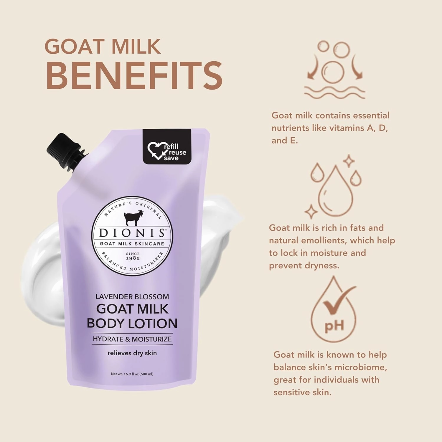 Dionis Goat Milk Skincare Body Lotion 16.9oz Refill Pouch, Cruelty Free Clean Ingredients & Dermatologist Tested Lotion for Dry Skin, Hydrating & Deeply Moisturizing Rich in Vitamins, Lavender Blossom