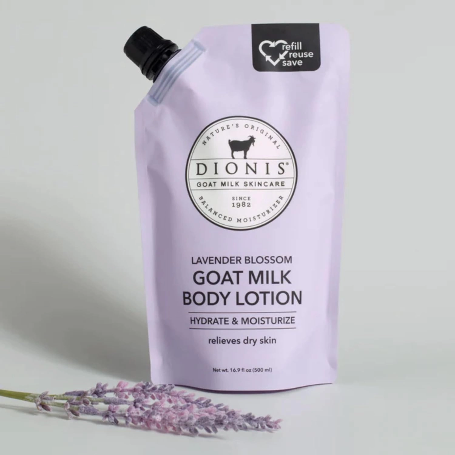 Dionis Goat Milk Skincare Body Lotion 16.9oz Refill Pouch, Cruelty Free Clean Ingredients & Dermatologist Tested Lotion for Dry Skin, Hydrating & Deeply Moisturizing Rich in Vitamins, Lavender Blossom