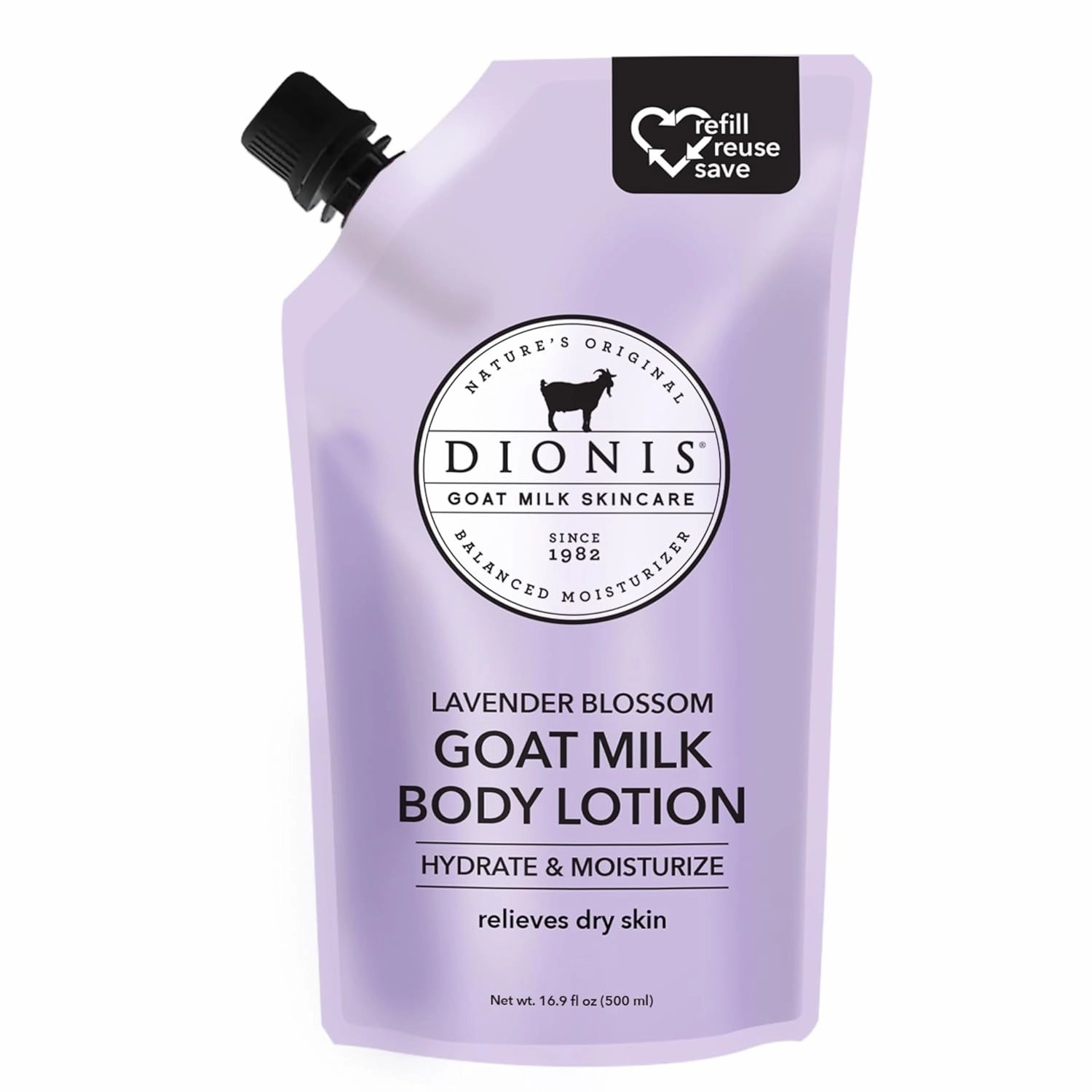 Dionis Goat Milk Skincare Body Lotion 16.9oz Refill Pouch, Cruelty Free Clean Ingredients & Dermatologist Tested Lotion for Dry Skin, Hydrating & Deeply Moisturizing Rich in Vitamins, Lavender Blossom