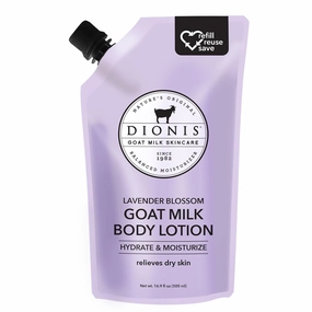 Dionis Goat Milk Skincare Body Lotion 16.9oz Refill Pouch, Cruelty Free Clean Ingredients & Dermatologist Tested Lotion for Dry Skin, Hydrating & Deeply Moisturizing Rich in Vitamins, Lavender Blossom