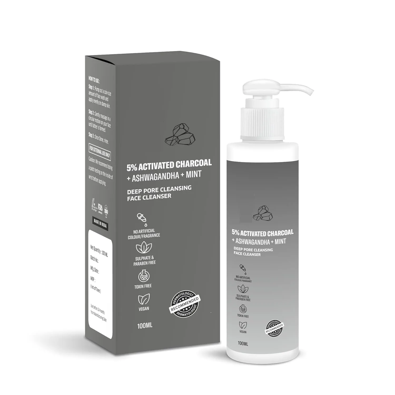 DK 5% Activated Charcoal Face Wash with Mint & Ashwagandha | Deep Pore Cleansing Face Cleanser | For Oily, Combination & Acne Prone Skin | 100ml