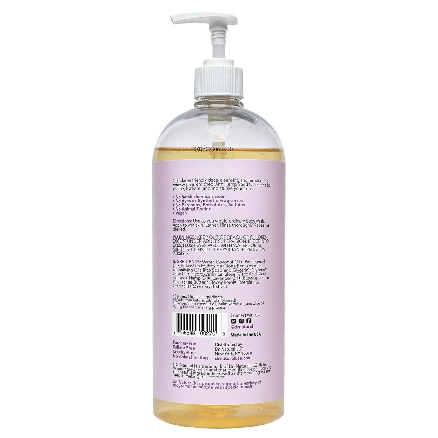 Dr. Natural Hemp Body Wash, Lavender, 32 oz - Pure Plant-Based Body Wash - Deep Cleansing and Moisturizing with Organic Shea Butter - Enriched with Hemp Seed Oil - Suitable for Sensitive Skin