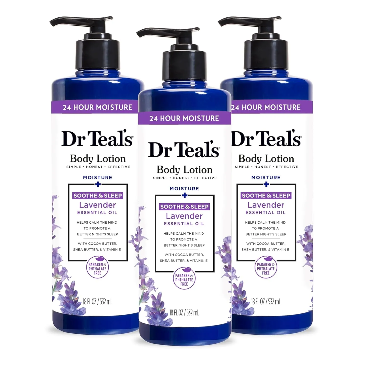 Dr Teal's 24 Hour Moisture  Body Lotion, Lavender Essential Oil, 18 fl oz (Pack of 3)
