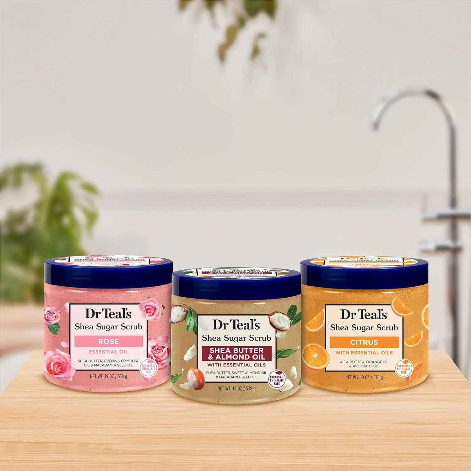 Dr Teal's Shea Sugar Scrub Trial Pack, Rose, Shea Butter, Citrus 19 oz (Pack of 3)