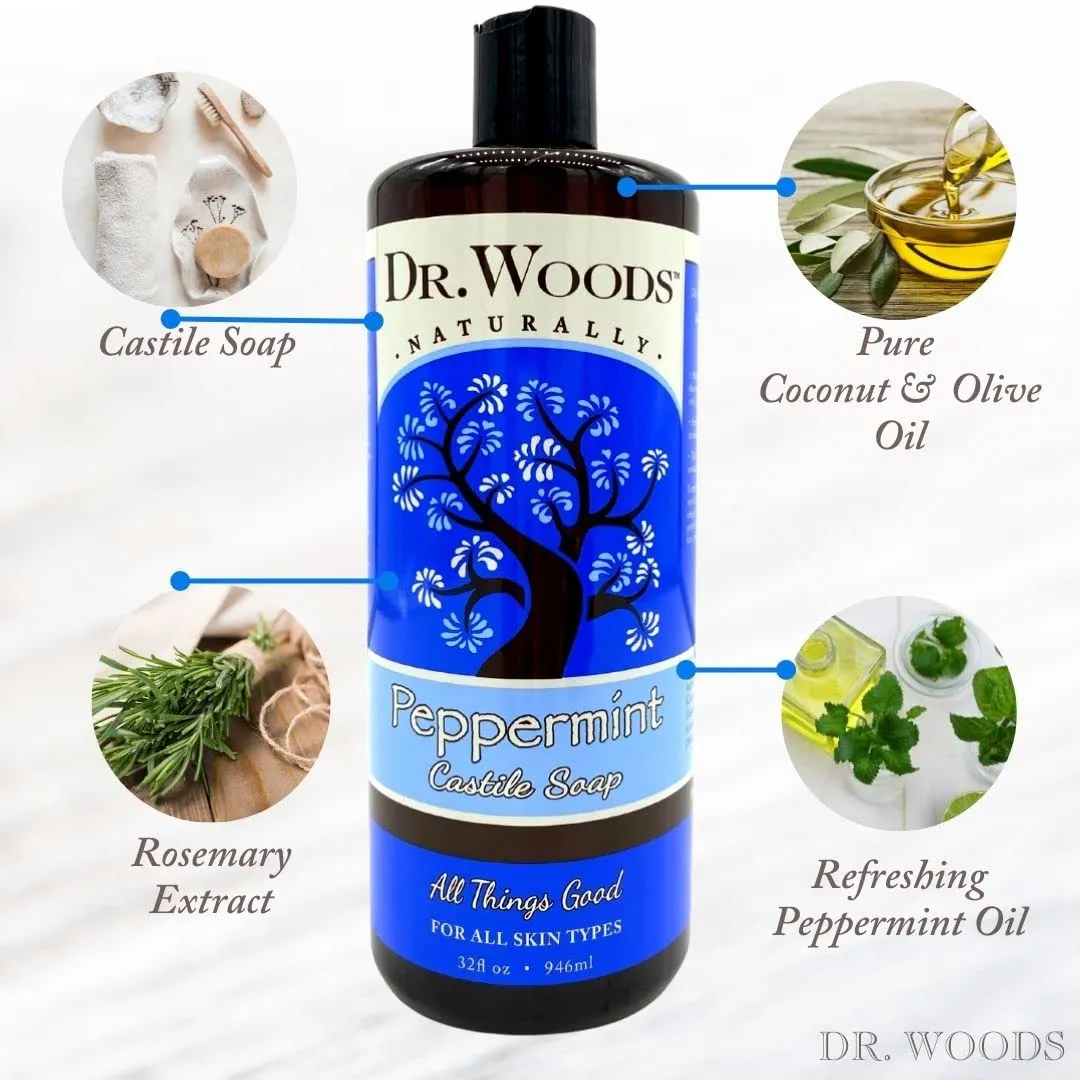Dr. Woods Pure Peppermint Liquid Castile Soap, 32 Ounce (Pack of 2)