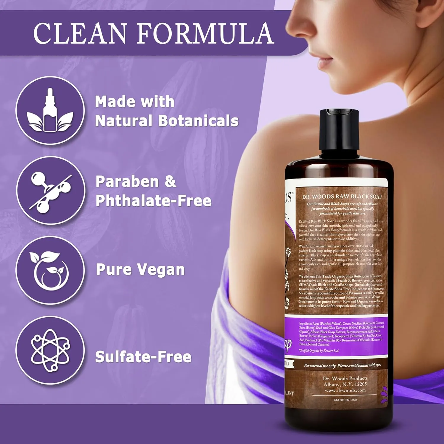 Dr. Woods Raw African Liquid Black Soap - Body Wash for Men and Women, Contains Organic Shea Butter, Gentle Exfoliant, Natural Cleanser for Face, Hands, and Body - 32 Fl Oz, Pack of 3