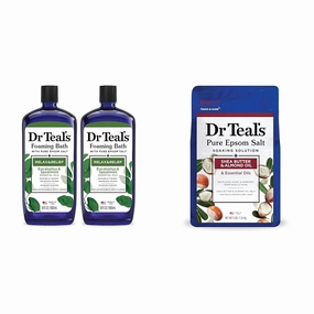 Dr Teal's Epsom Salt Bath (34 fl oz, Pack of 2) & Salt Soak (3 lbs) Bundle with Eucalyptus, Spearmint, Shea Butter & Almond
