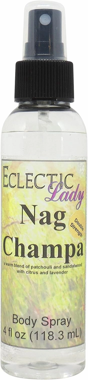 Eclectic Lady Nag Champa Body Spray, Double Strength, 4 ounces, Body Mist for Women with Clean, Light & Gentle Fragrance, Cologne with Soft, Subtle Aroma For Daily Use