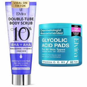 Elvira Korean Skincare Anti-Aging & Glycolic Acid Exfoliating Facial Pads   KP Bump Eraser Foot & Body Scrub – 60 Daily Peel Pads & 10% AHA/BHA Body Exfoliant for Acne-Prone & Rough Skin