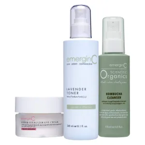 EmerginC Set to Help Improve Skin Tone with Scientific Organics Kombucha Cleanser Wash (4 oz, 120 ml), Soothing Lavender Toner (8.1 oz, 240 ml) & Hyper-Vitalizer Eye Cream Vitamin C (1.7 oz, 50 ml)