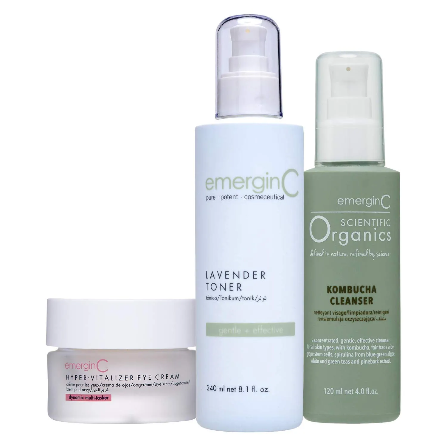 EmerginC Set to Help Improve Skin Tone with Scientific Organics Kombucha Cleanser Wash (4 oz, 120 ml), Soothing Lavender Toner (8.1 oz, 240 ml) & Hyper-Vitalizer Eye Cream Vitamin C (1.7 oz, 50 ml)