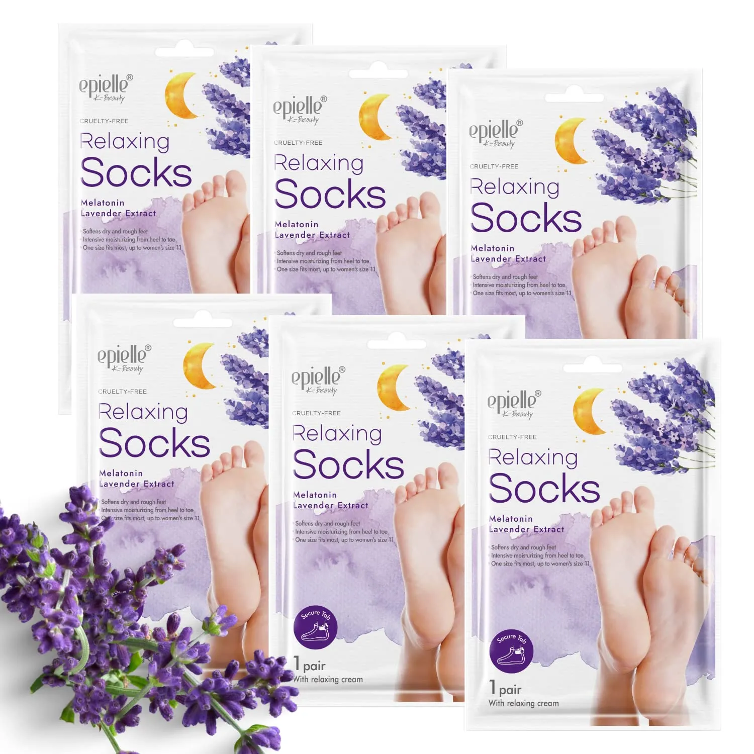 Epielle Relaxing Foot Masks, 6 Pairs Deep Moisturizing Socks with Melatonin & Lavender Extract, Vegan & Cruelty-Free, Korean Skincare, Easter Gifts, Mother's Day Gifts