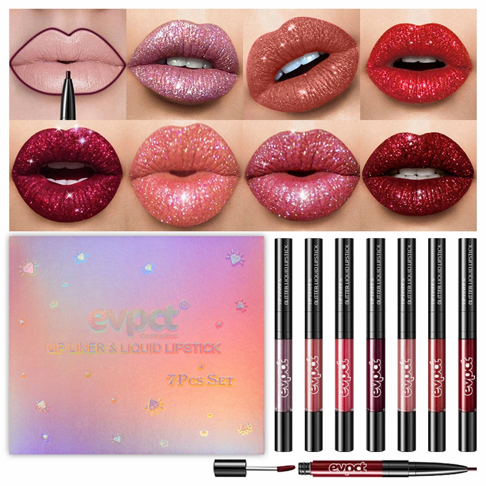 evpct 7Pcs Pink Red Glitter Matte Lip Liner and Liquid Lipstick Set Kit Long Lasting, Matte to Lip Glitter Metallic Dark Red Sparkle Sparkly Glossy Permanent Liquid Lipsticks Lip Gloss Set for Women