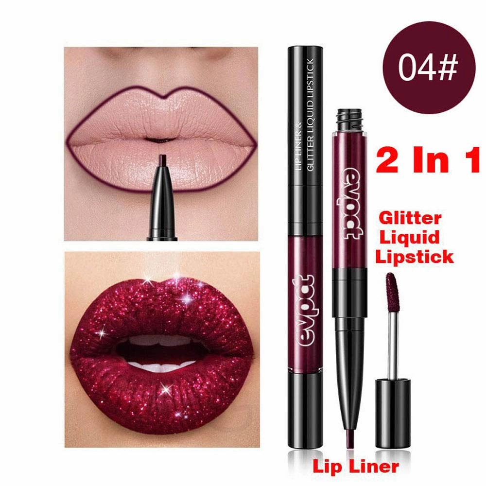evpct 7Pcs Pink Red Glitter Matte Lip Liner and Liquid Lipstick Set Kit Long Lasting, Matte to Lip Glitter Metallic Dark Red Sparkle Sparkly Glossy Permanent Liquid Lipsticks Lip Gloss Set for Women