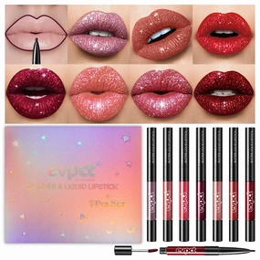 evpct 7Pcs Pink Red Glitter Matte Lip Liner and Liquid Lipstick Set Kit Long Lasting, Matte to Lip Glitter Metallic Dark Red Sparkle Sparkly Glossy Permanent Liquid Lipsticks Lip Gloss Set for Women
