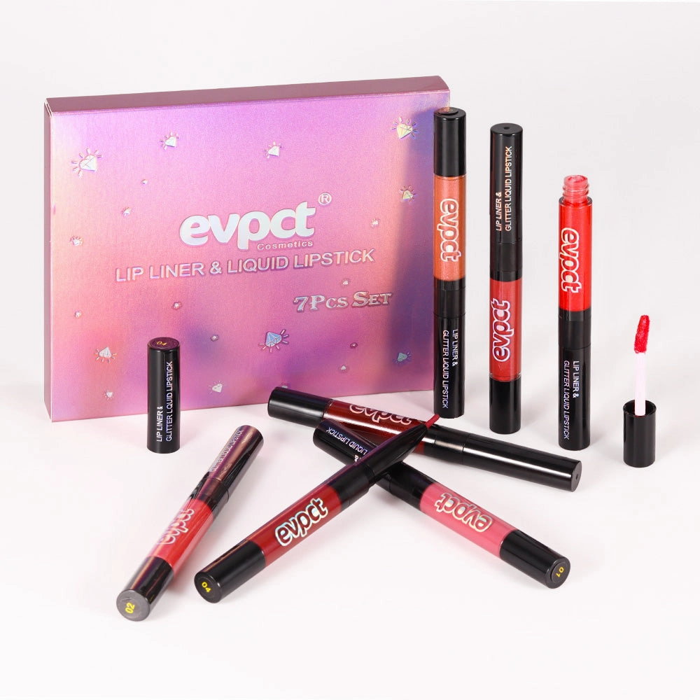 evpct 7Pcs Pink Red Glitter Matte Lip Liner and Liquid Lipstick Set Kit Long Lasting, Matte to Lip Glitter Metallic Dark Red Sparkle Sparkly Glossy Permanent Liquid Lipsticks Lip Gloss Set for Women