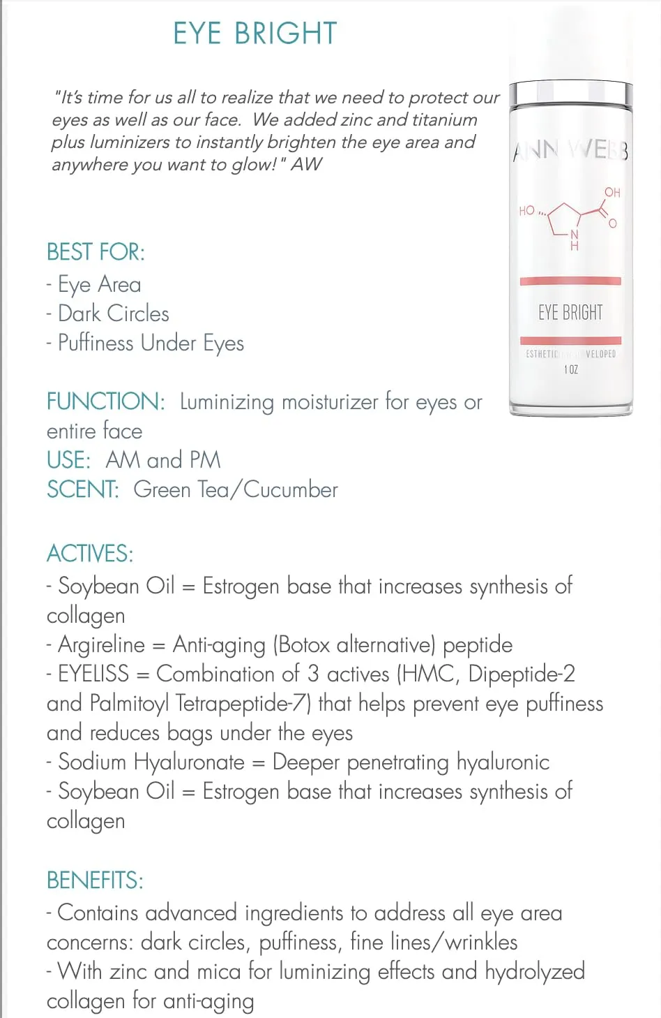 Eye Bright Cream - Anti Aging Eye Cream w/Collagen Peptides & Hyaluronic Acid for Dark Circles, Firms Fine Lines 2oz