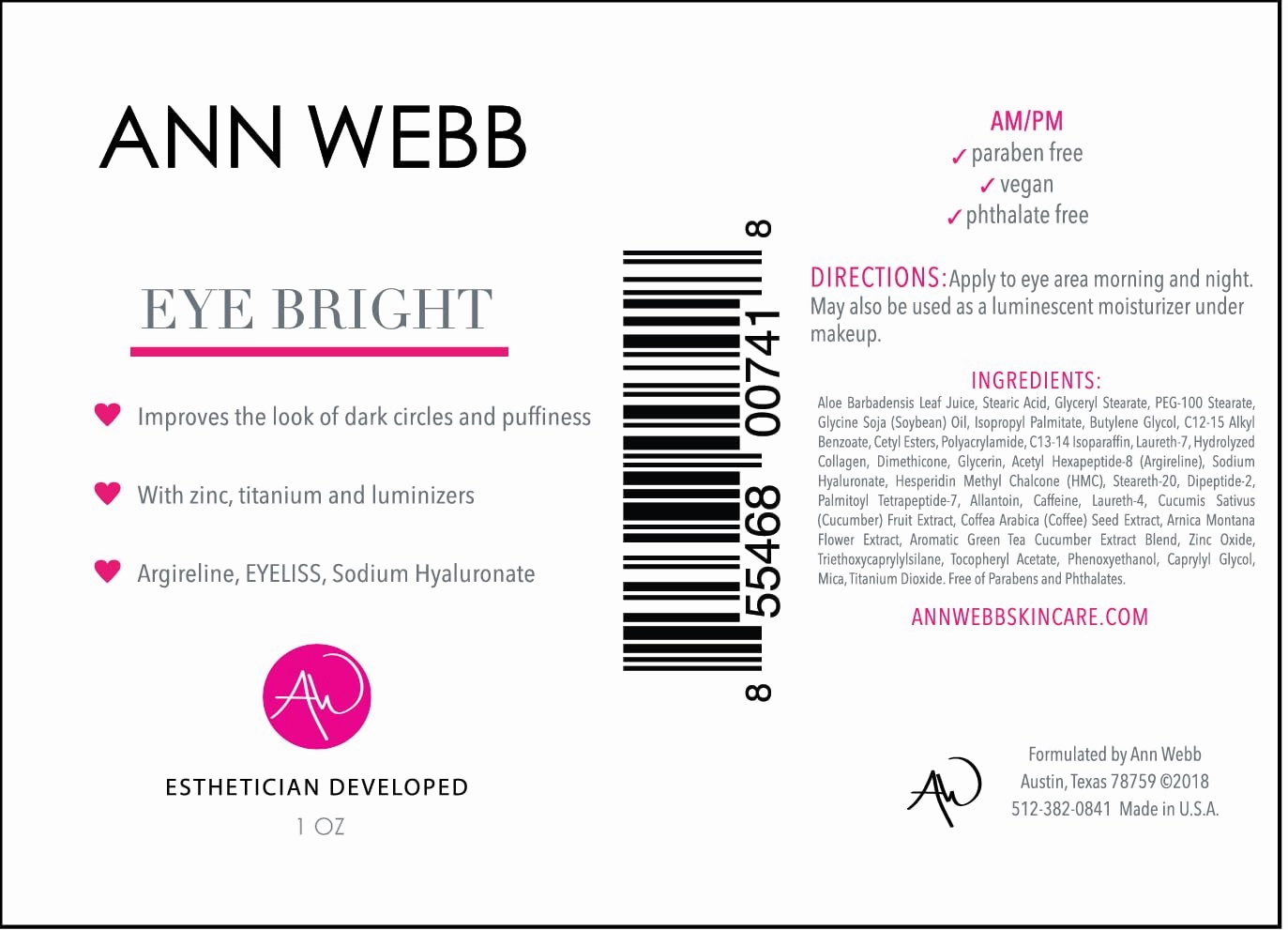 Eye Bright Cream - Anti Aging Eye Cream w/Collagen Peptides & Hyaluronic Acid for Dark Circles, Firms Fine Lines 1oz