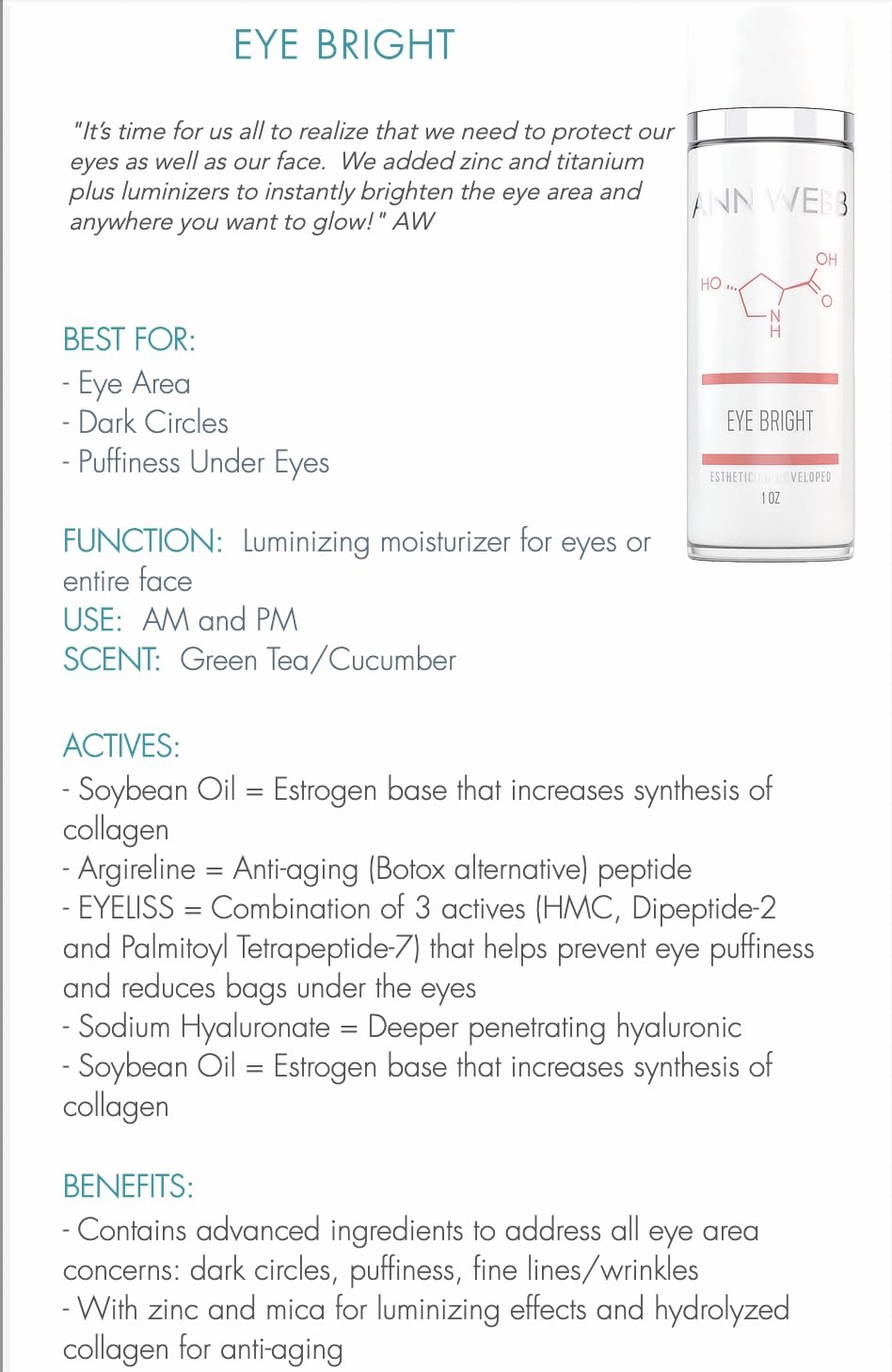 Eye Bright Cream - Anti Aging Eye Cream w/Collagen Peptides & Hyaluronic Acid for Dark Circles, Firms Fine Lines 1oz