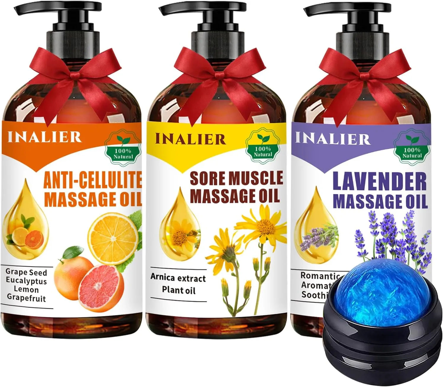 Fathers Day Gift for Husband,Mothers Day Gifts for Wife,Massage Oils for Massage Therapy,Spa Gifts,Gifts for Her Him Men,3 Pack Cellulite,Sore Muscle & Lavender Massage Oils with Massage Ball