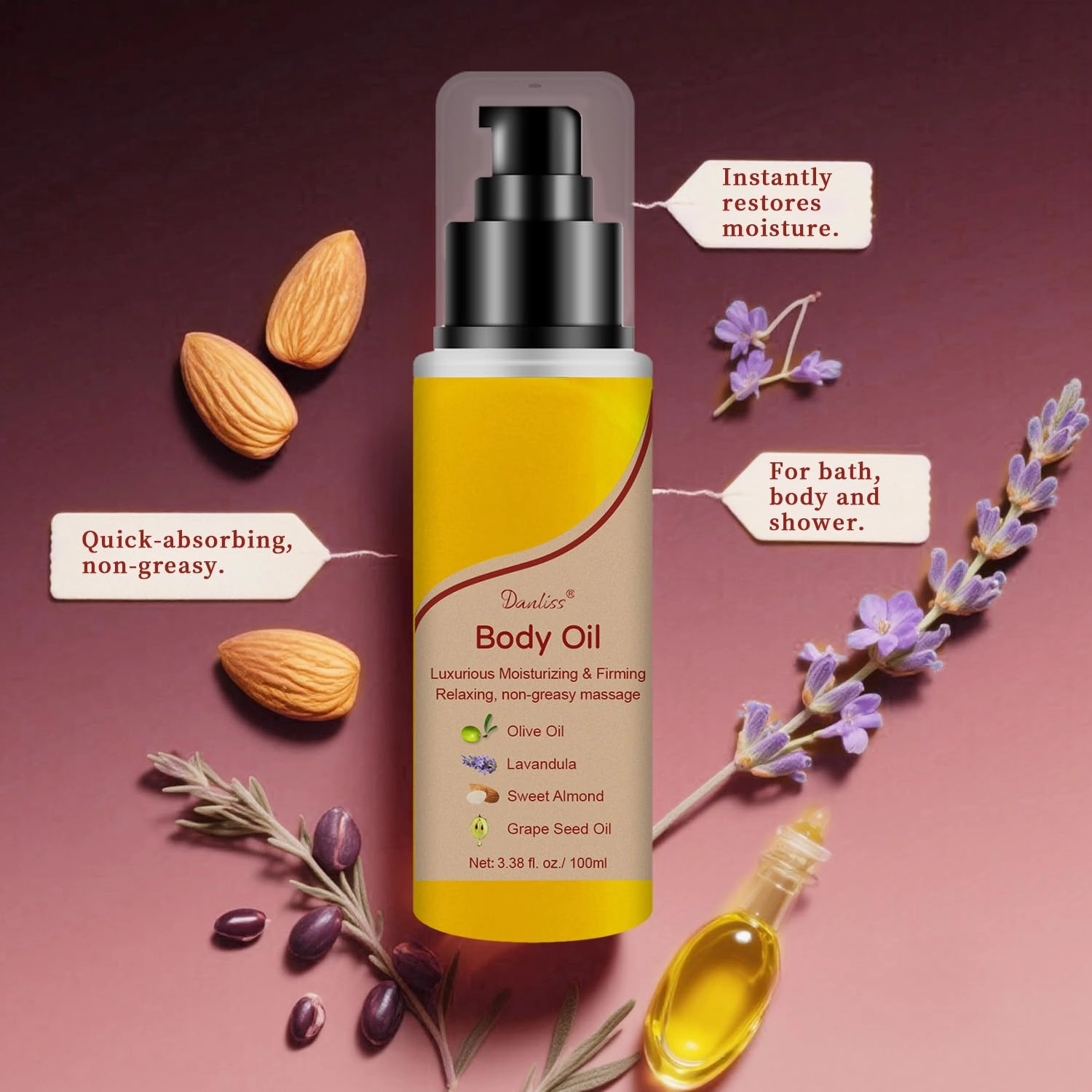 Firming Body Oil – Luxury body oil after shower for Women with Sweet Almond, Olive and Evening Primrose, Fast-Absorbing Skin Hydrating and Firming &Toning for the Full Body – 3.38 Oz