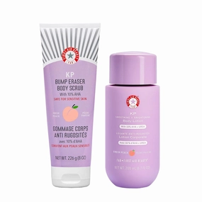 First Aid Beauty Peachy Smooth Duo: KP Bump Eraser Scrub & Smoothing   Brightening Lotion with 10% AHA, Daily Exfoliating Keratosis Pilaris Bundle to Reduce Bumps, Peach (8 oz Scrub, 6.7 oz Lotion)