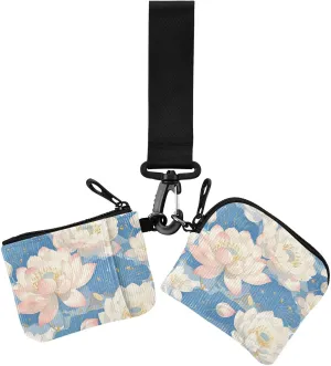 flower White Summer Boho Women's Wallets Card Cases Thin Flat Change Purse Key Holder with Zipper Pocket for Ladies 2 Pcs
