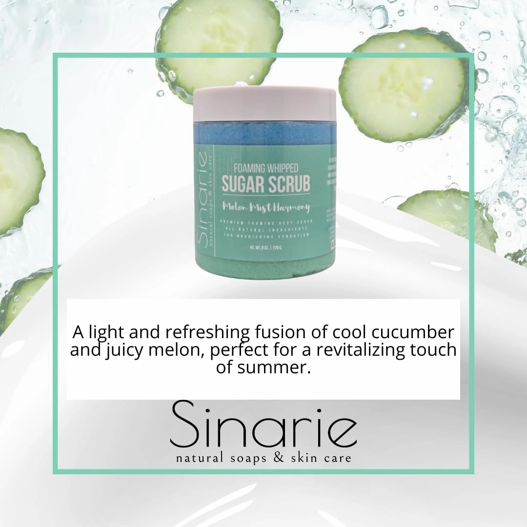 Foaming Whipped Sugar Scrub – 8 oz | Gentle Exfoliant with Mango Butter & Coconut Oil for Smooth, Glowing Skin (8 oz., Melon Mist Harmony)