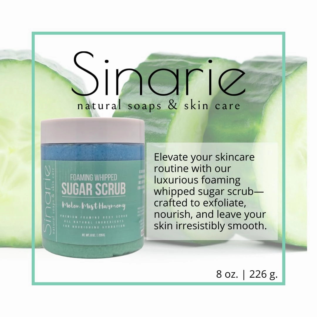 Foaming Whipped Sugar Scrub – 8 oz | Gentle Exfoliant with Mango Butter & Coconut Oil for Smooth, Glowing Skin (8 oz., Melon Mist Harmony)