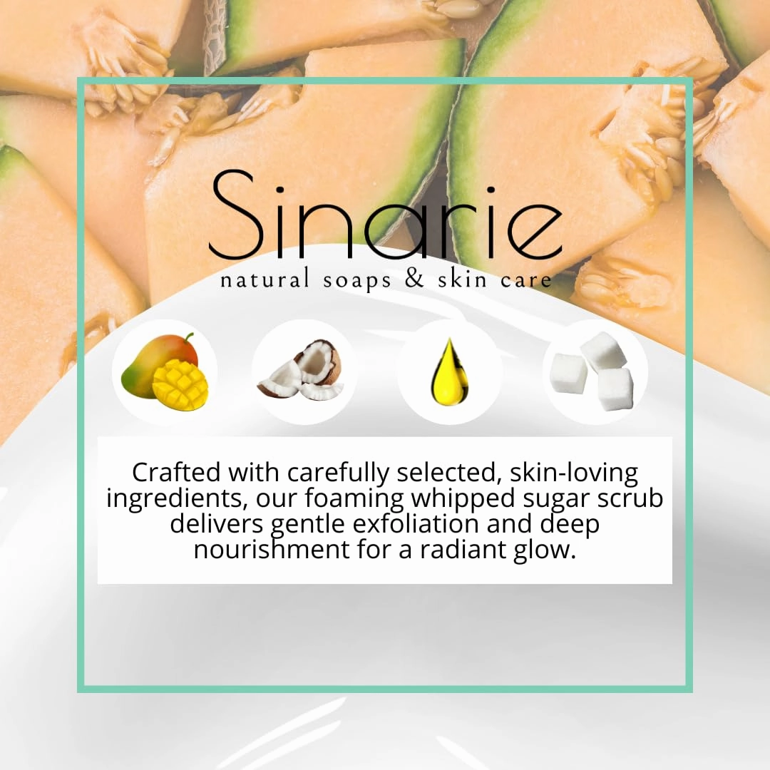 Foaming Whipped Sugar Scrub – 8 oz | Gentle Exfoliant with Mango Butter & Coconut Oil for Smooth, Glowing Skin (8 oz., Melon Mist Harmony)