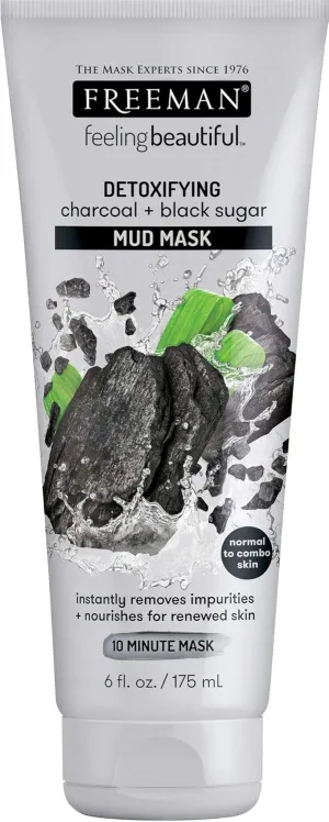 Freeman Detoxifying Charcoal & Black Sugar Mud Mask, Hydrating and Oil Absorbing Facial Mask, 6 fl oz tube/175 mL