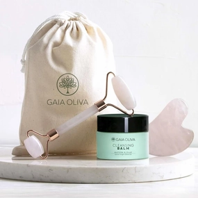 Gaia Oliva Premium Cleansing Balm & Pink Quartz Face Roller & Gua Sha Massage Stone Set – Natural Skincare, Hydrating & Revitalizing, Paraben & Sulfate Free