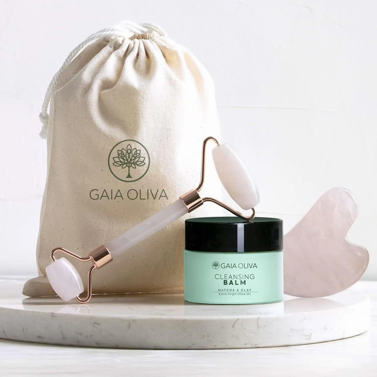Gaia Oliva Premium Cleansing Balm & Pink Quartz Face Roller & Gua Sha Massage Stone Set – Natural Skincare, Hydrating & Revitalizing, Paraben & Sulfate Free