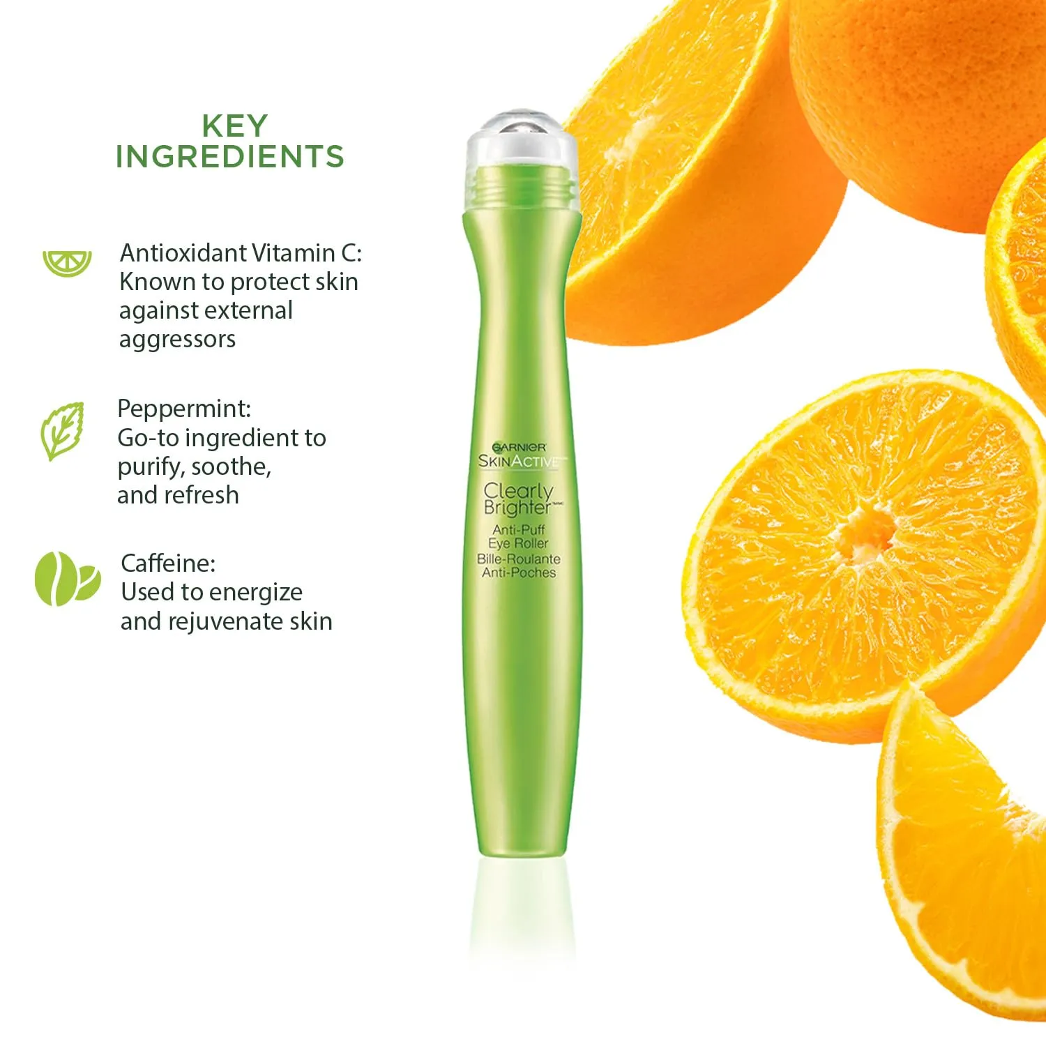 Garnier Clearly Brighter Anti-Puff Eye Roller, Dark Circles Under Eye Treatment with Caffeine and Vitamin C, 0.5 Fl Oz (15mL), 1 Count (Packaging May Vary)