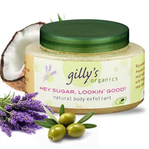 Gilly's Organics Sugar Scrub – Natural Scrubs with Lavender, Coconut, Avocado, Sweet Almond Oil – Gentle Exfoliating and Deeply Hydrating Body Scrub for Women and Men – 8oz Organic Sugar Scrub