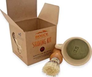 Goat Milk Shaving Soap Kit- BOGUE No.15 Matilija Blend of Sandalwood & Lavender with healing Infused Comfry oil & Bentonite clay to make your razor glide. Soap in a mug & natural bristle brush in box