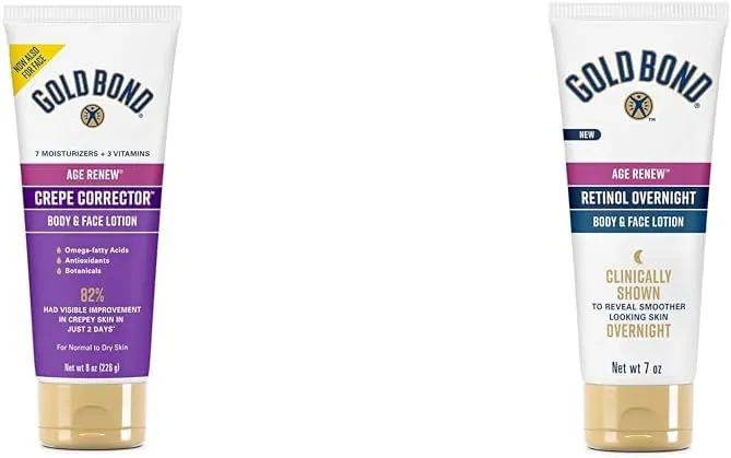 Gold Bond Age Renew Crepe Corrector Body Lotion, Replenishing & Smoothing Formula, 8 oz. & Age Renew Retinol Overnight Body & Face Lotion, With Retinol & Peptide Complex, 7 oz.